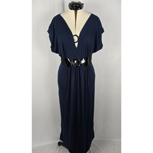 Cameron Dress Women's 2X Dark Blue Wrap Cap Sleeve Maxi Deep V-Neck Belt NWT